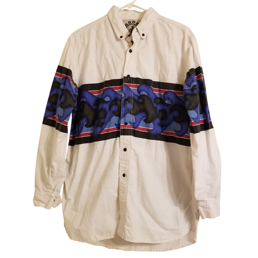 Rodeo Active L Western Red White Black Striped Blue Flames Shirt Pockets Cowboy